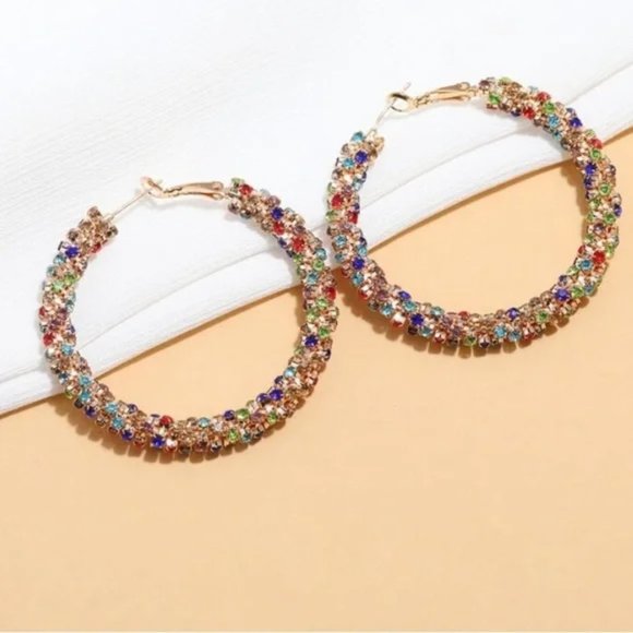 Rhinestone Multi-Color Decor Hoop Earrings - Picture 3 of 10